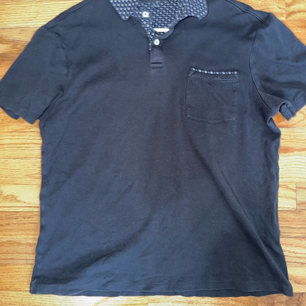 Tahari Navy Polo Shirt with Patterned Collar